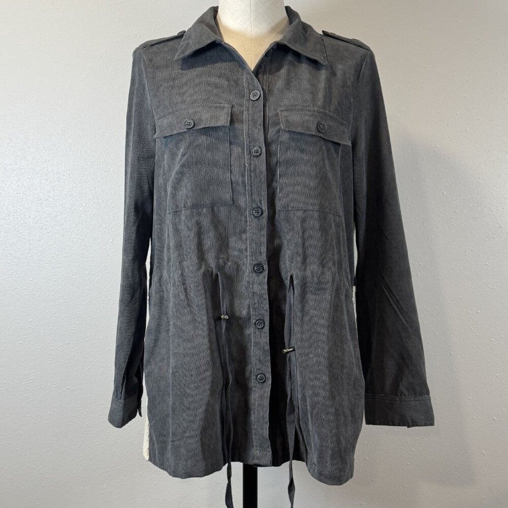 Davi & Dani Womens Size M Gray Jacket Southwestern Aztec Corduroy Boho Shacket